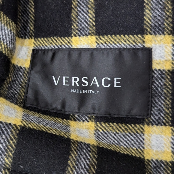 Mens VERSACE Tartan Plaid Flannel Shirt Jacket Black/Gold - Picture 7 of 8
